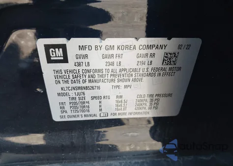 2022 Chevrolet Trax Awd Ls z USA, uszkodzony, nr VIN KL7CJNSM8NB526716